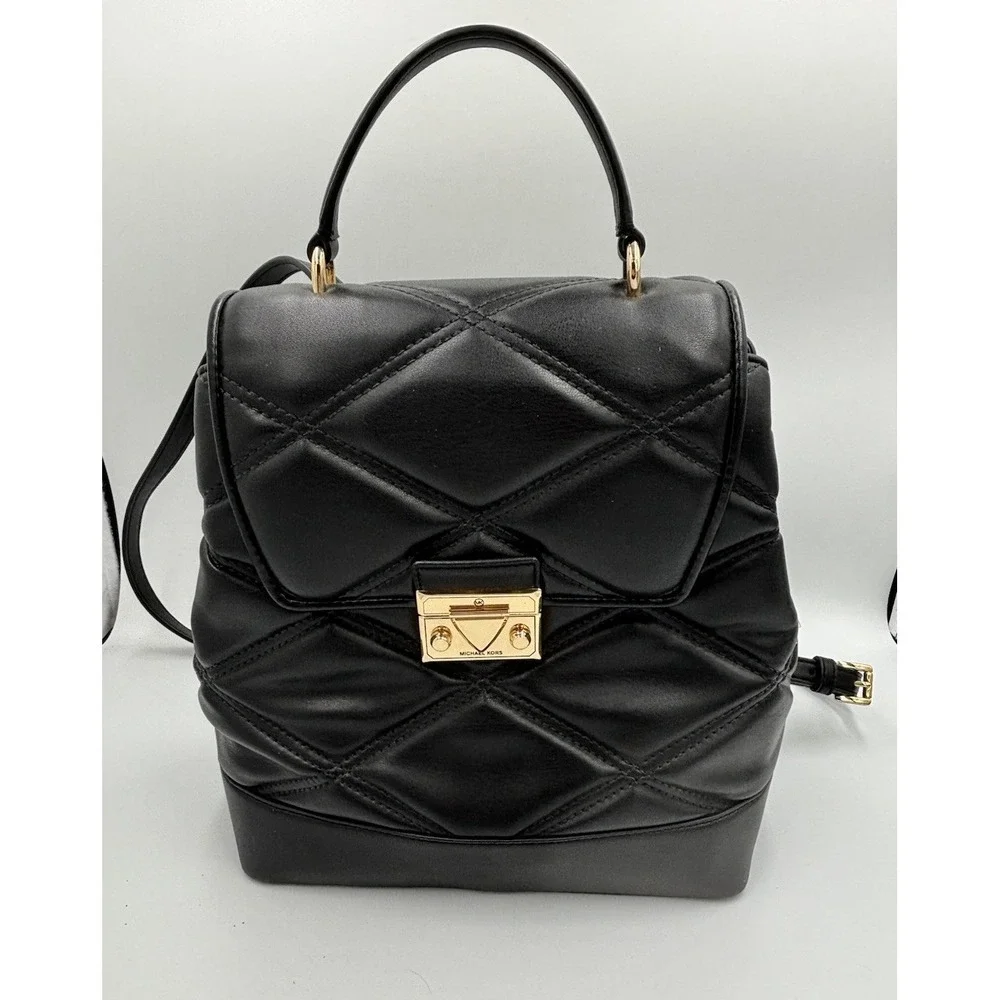 Michael Kors Serena Backpack Quilted Leather Flap Black & Gold mult pockets MED